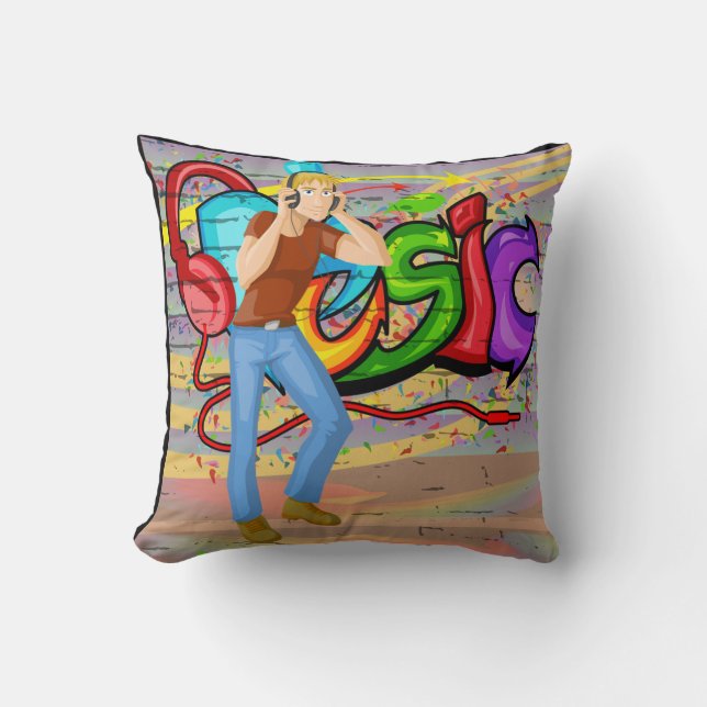 Guy With Headphones and  Music Graffiti Wall Throw Pillow (Front)