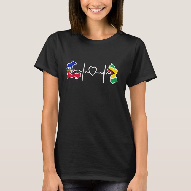 Guyana Haiti Flag Guyanese Haitian Heartbeat T-Shirt (Front)