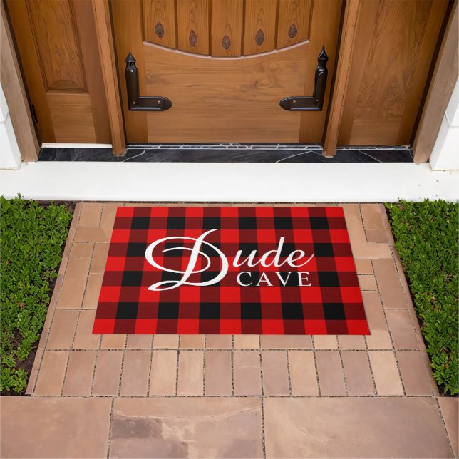 Guys Dorm Dude Cave Rustic Cabin Block Squares Doormat (Outdoor)