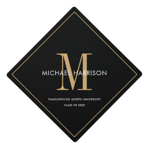 Guy's Script Gold Serif Monogram Black Graduation Cap Topper