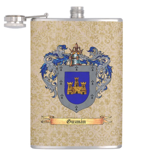 Guzman Surname Shield of Arms Hip Flask (Opened)