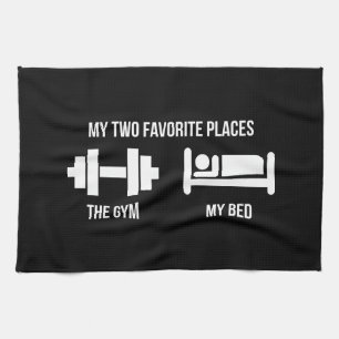 Gym and Bed - Funny Cartoon Pictogram - Novelty Kitchen Towel