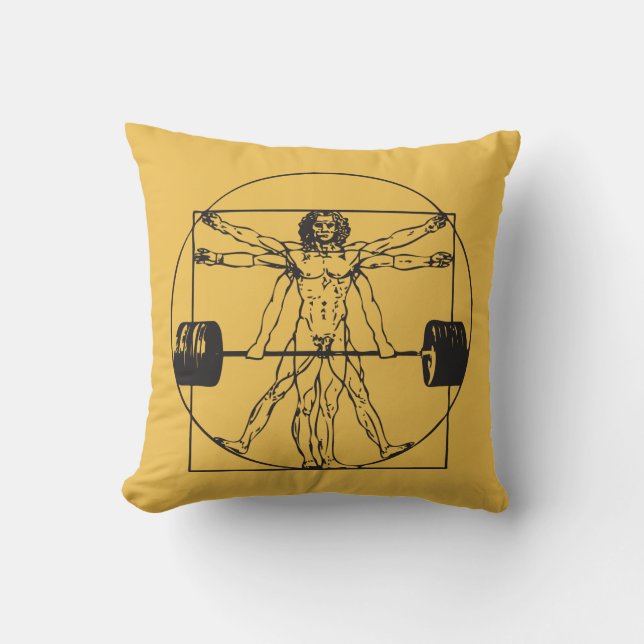 Gym Barbell Deadlift - Vitruvian Man Throw Pillow (Front)