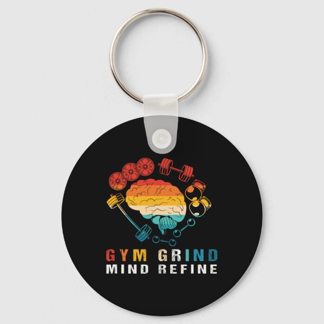 Gym Grind Mind Refined Bodybuilding Retro Gym Rat  Keychain (Front)