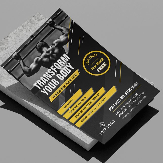 Gym Photo Black & Yellow Logo Workout Promotional Flyer (Modern black and yellow fitness marketing flyer with photo and your custom text and logo)