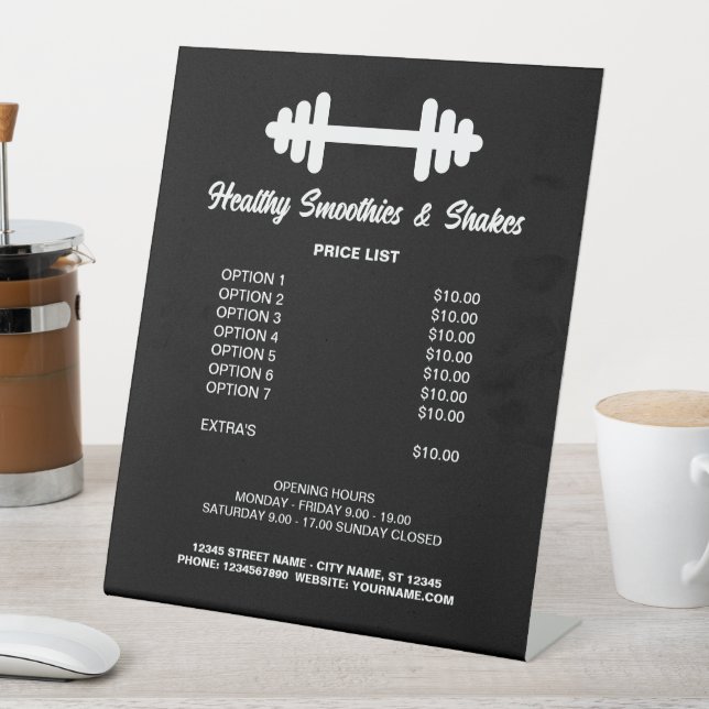 Gym smoothies & protein shake bar price list menu pedestal sign (In SItu)