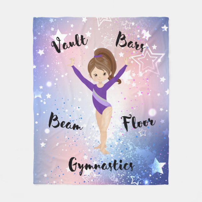 Gym Star Brunette, Brown Eyes, Purple Leotard Fleece Blanket (Front)