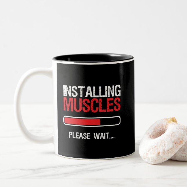 Gym Workout Fitness Body Builder Installing Muscle Two-Tone Coffee Mug (With Donut)