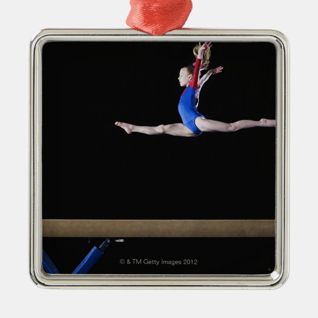Gymnast (9-10) leaping on balance beam 2 metal ornament (Front)