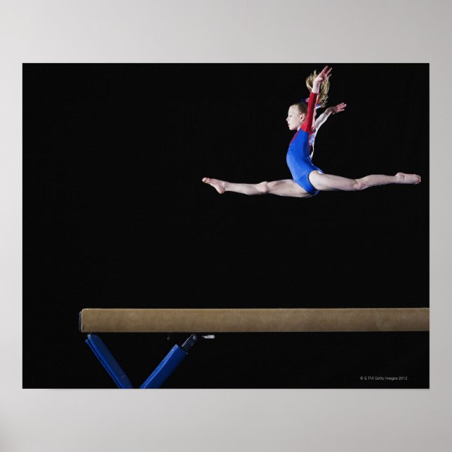 Gymnast (9-10) leaping on balance beam 2 poster (Front)
