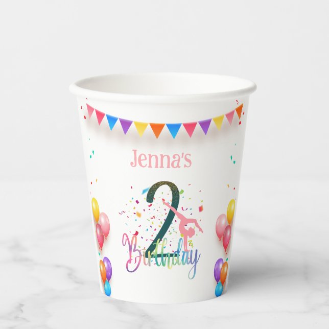 Gymnast cute kids birthday party colourful card paper cups (Front)