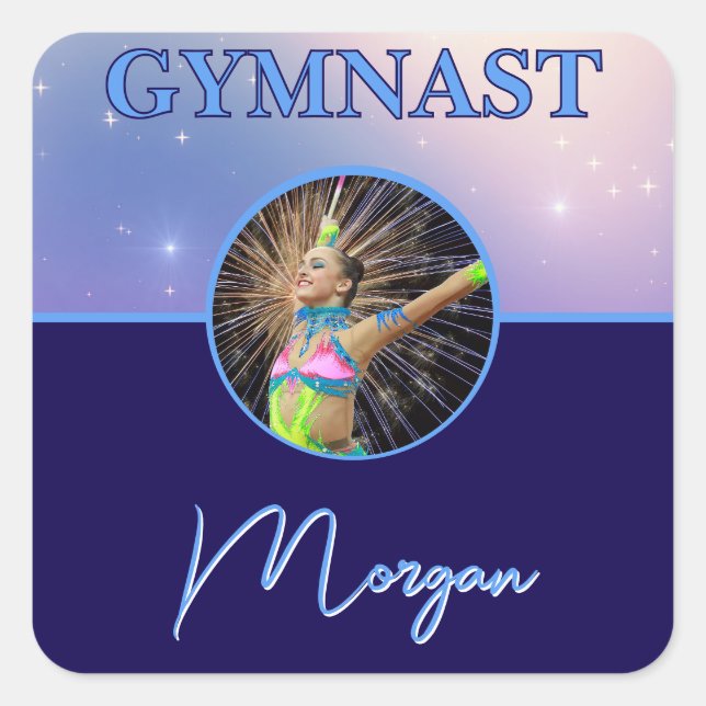 Gymnast Deep Royal Custom Photo and Name Square Sticker (Front)