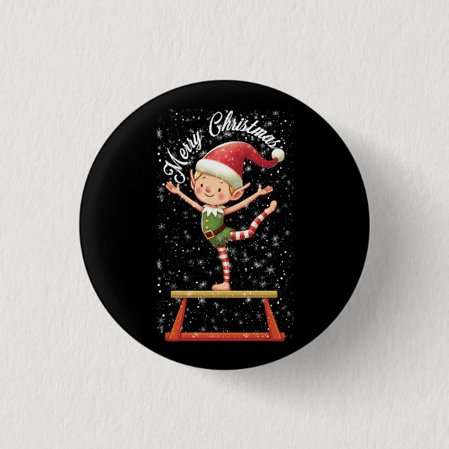 Gymnast Elf on Balance Beam   Xmas Gymnastics Chri 1 Inch Round Button (Front)