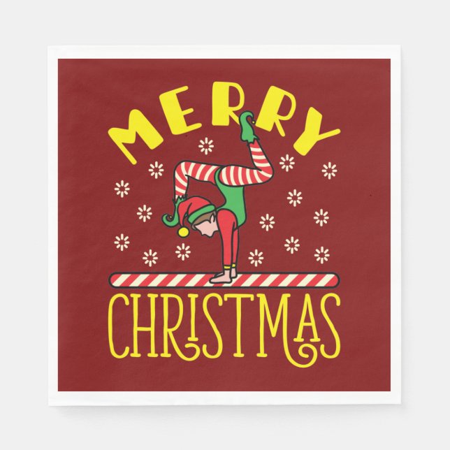 Gymnast Elf on Beam Gymnastics Christmas Napkin (Front)