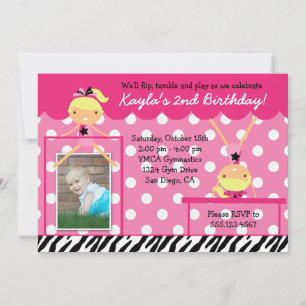 Gymnast Gymnastics Birthday Party Invitation Zebra