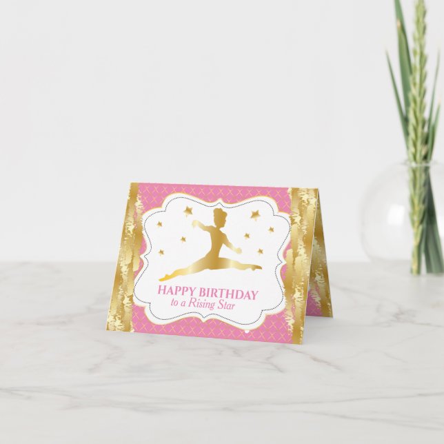 Gymnast Pink Gold Girl Happy Birthday Wishes Card (Front)