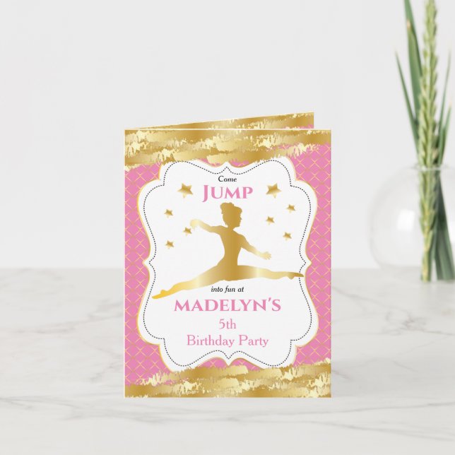 Gymnast Pink Gold Stars Girl Photo Birthday Party Invitation (Front)