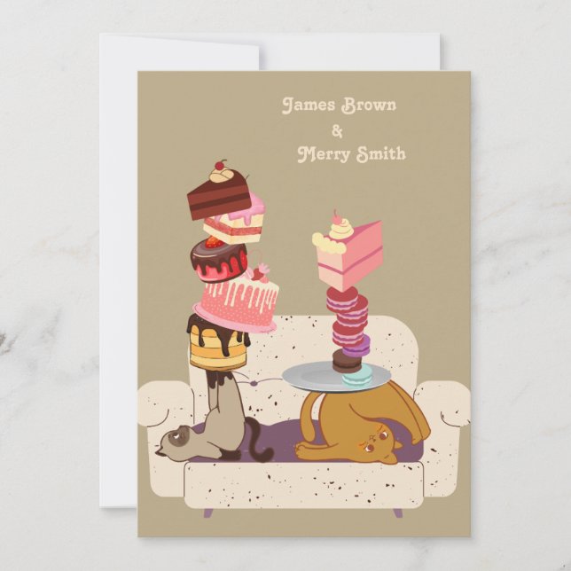 Gymnastic Cats Sofa Cakes Wedding Invitation (Front)