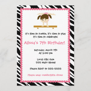 Gymnastic Girl Birthday Party Invitation Zebra