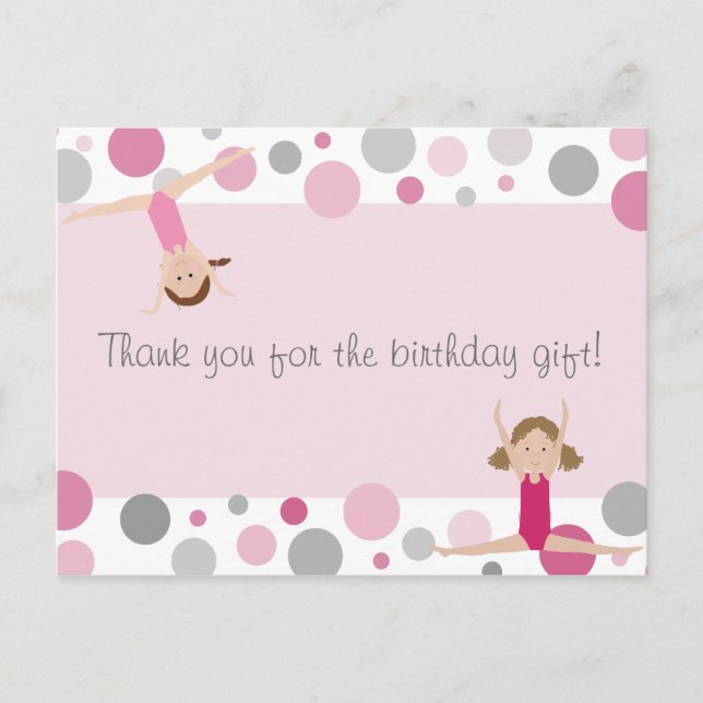 Gymnastic Party Thank You in Pinks & Grey Postcard (Front)