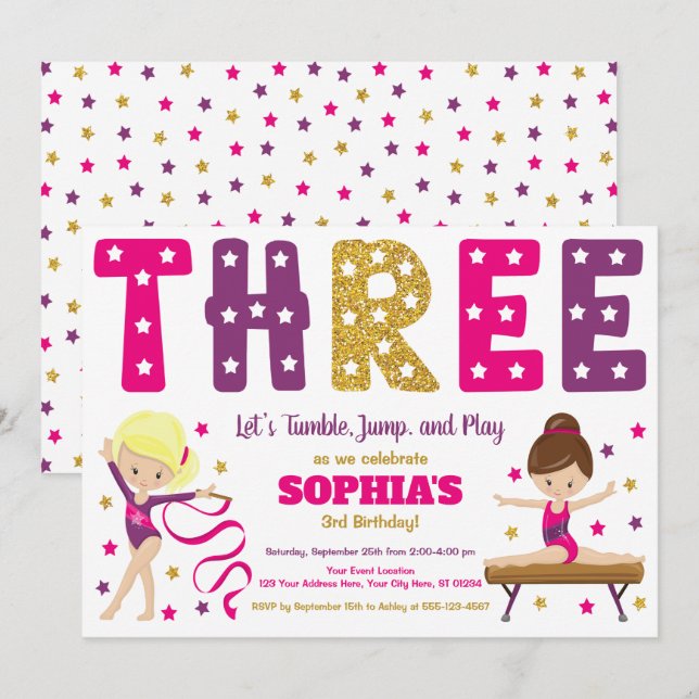 Gymnastics 3rd Birthday Invitation | Hot Pink (Front/Back)