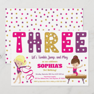 Gymnastics 3rd Birthday Invitation   Hot Pink
