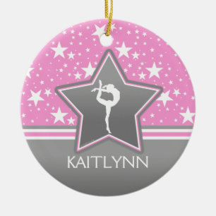 Gymnastics Among the Stars in Pink with YOUR NAME Ceramic Ornament