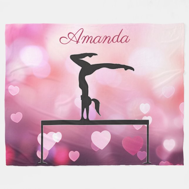 Gymnastics Balance Beam Pink Hearts Fleece Blanket (Front (Horizontal))