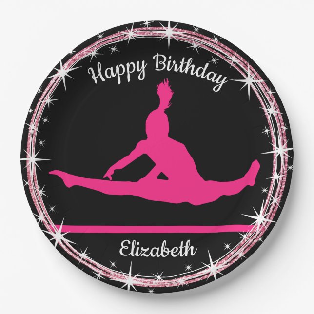Gymnastics Bars Birthday in Pink and Black  Paper Plate (Front)