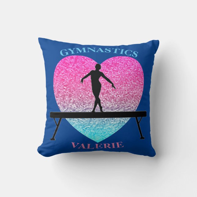 Gymnastics Beam Heart Throw Pillow w/ Her Name (Front)