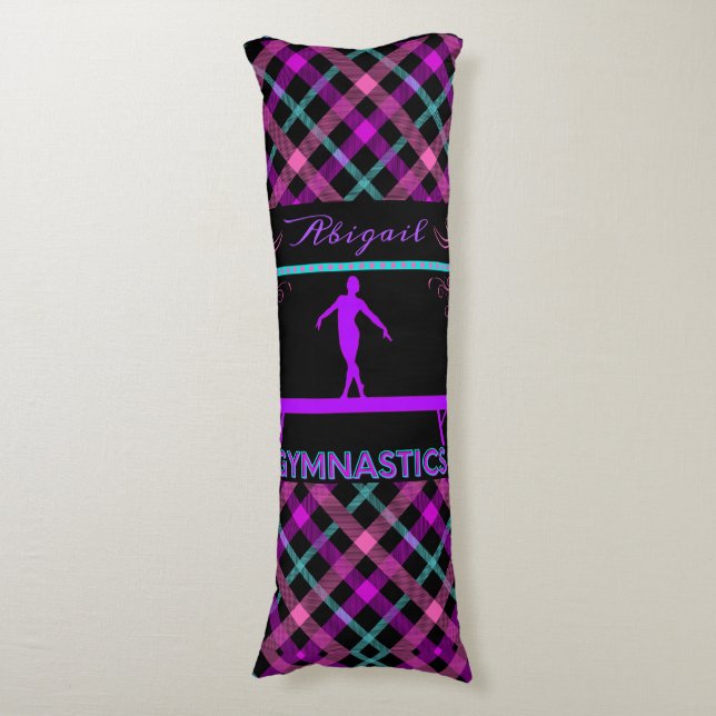 Gymnastics Beam Pink Purple Teal Tartan   Body Pillow (Front Vertical)