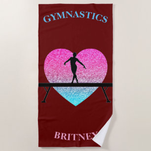 Gymnastics Beam Sparkle Heart Burgundy Beach Towel