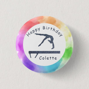 Gymnastics Birthday Balance Beam Watercolor Splash 1 Inch Round Button