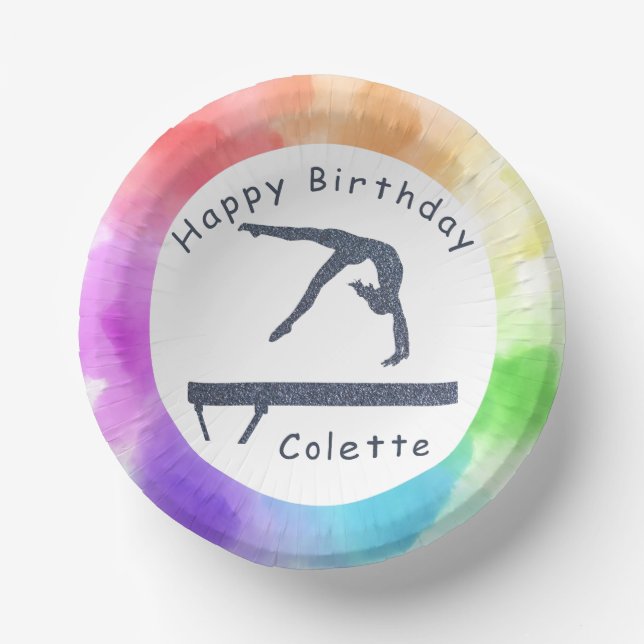 Gymnastics Birthday Balance Beam Watercolor Splash Paper Plate (Front)
