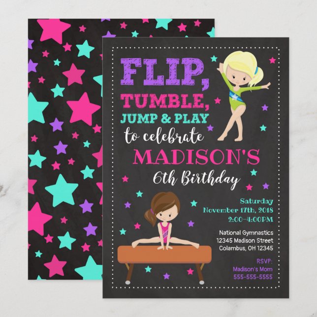 Gymnastics Birthday Invitation / Girl / Chalkboard (Front/Back)