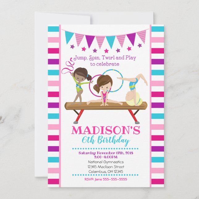 Gymnastics Birthday Invitation / Girl / Pink Teal (Front)