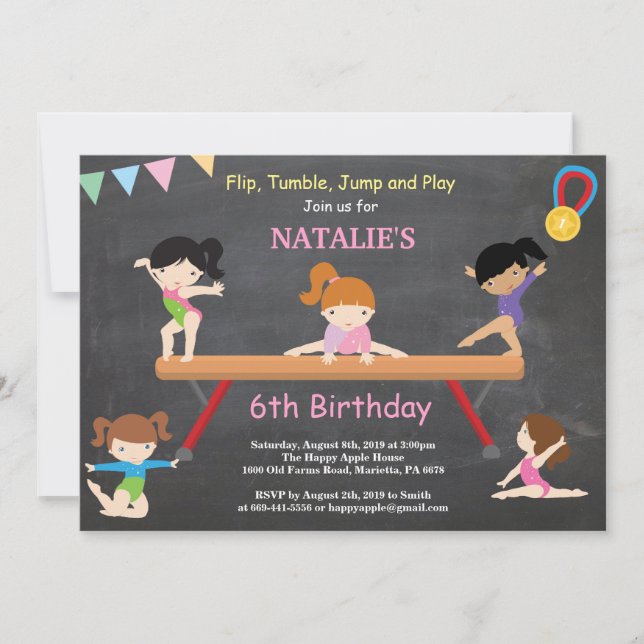 Gymnastics Birthday Invitation Pink Gym Party (Front)