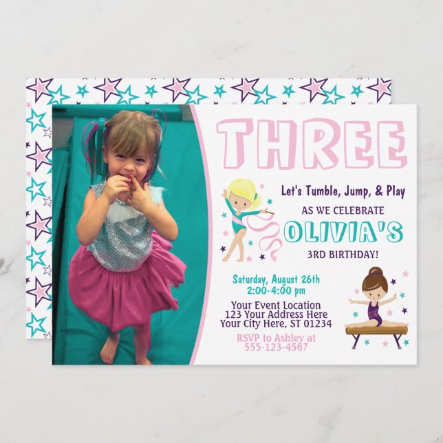 Gymnastics Birthday Invitation with Photo (Front/Back)