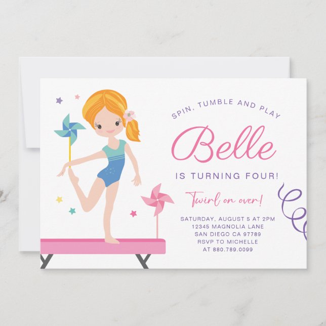Gymnastics Birthday Invitation with Pinwheels (Front)
