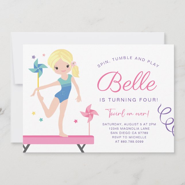 Gymnastics Birthday Invitation with Pinwheels (Front)