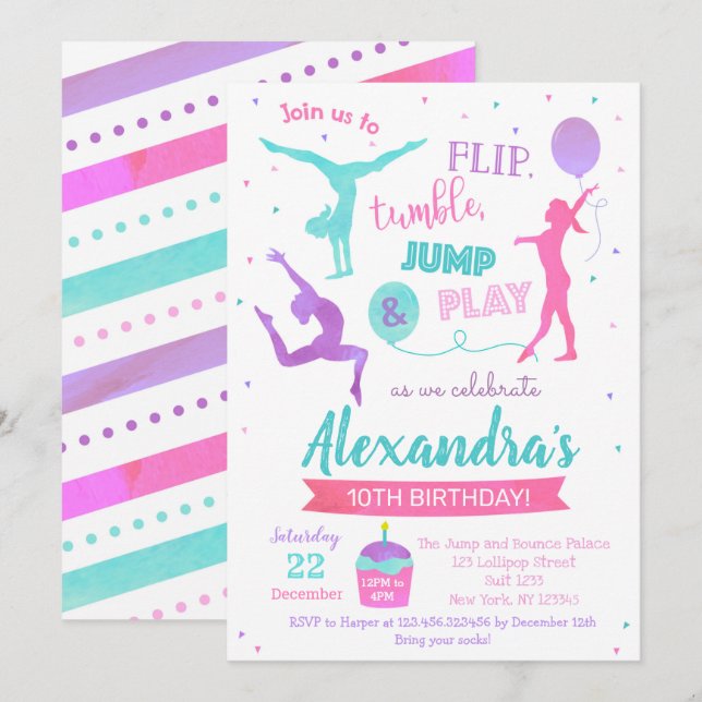 Gymnastics Birthday Party Invitation for Girl  (Front/Back)