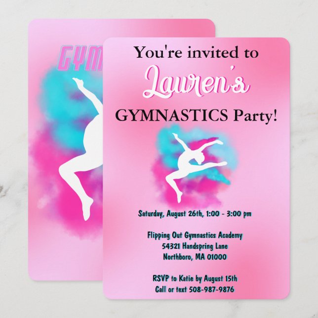 Gymnastics Birthday Party Invitation for Girl (Front/Back)