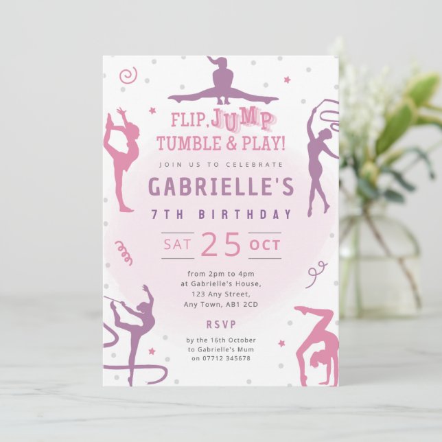 Gymnastics Birthday Party Invite Trampoline Theme (Standing Front)