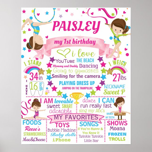 Gymnastics Birthday Party sign poster (Front)