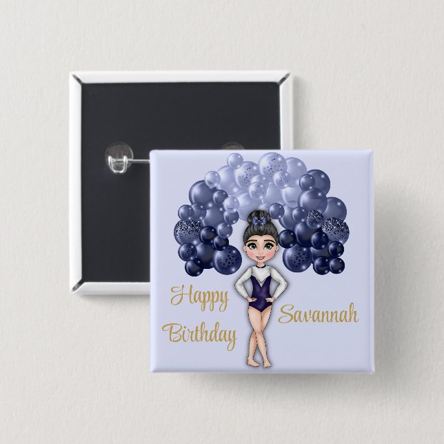 Gymnastics Birthday Party with Blue Balloon Arch 2 Inch Square Button (Front & Back)