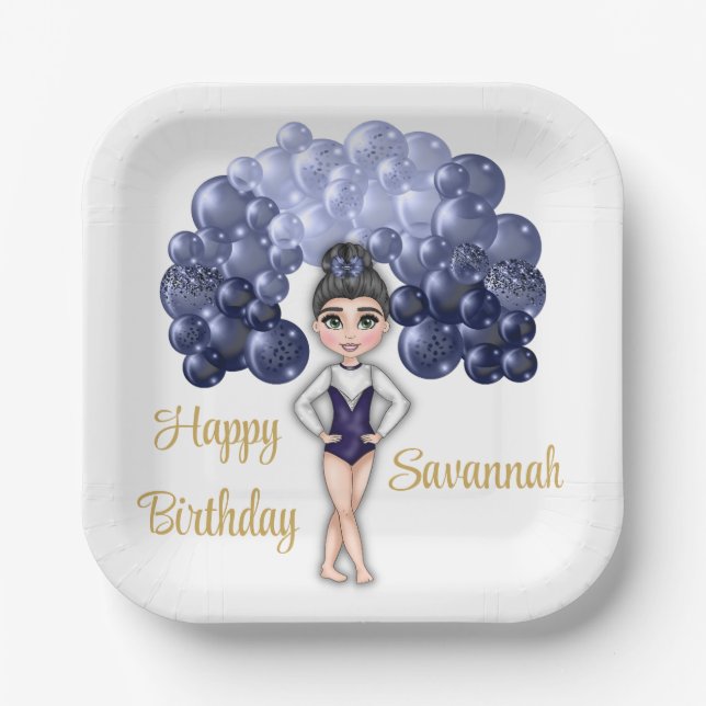 Gymnastics Birthday Party with Blue Balloon Arch Paper Plate (Front)