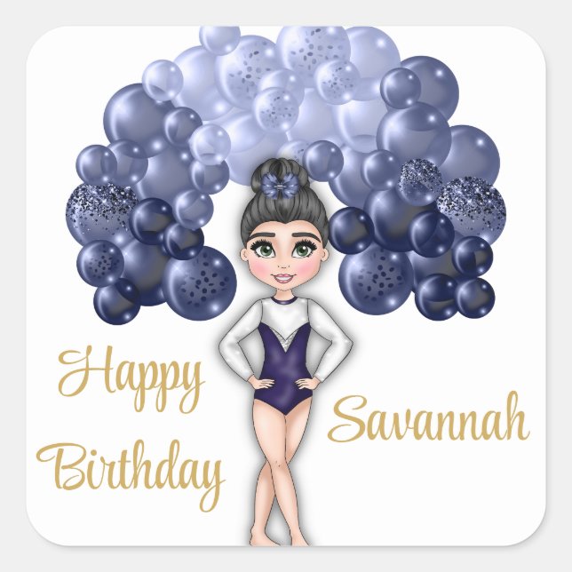 Gymnastics Birthday Party with Blue Balloon Arch Square Sticker (Front)