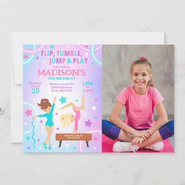 Gymnastics Birthday Photo Invitation  (Devant)