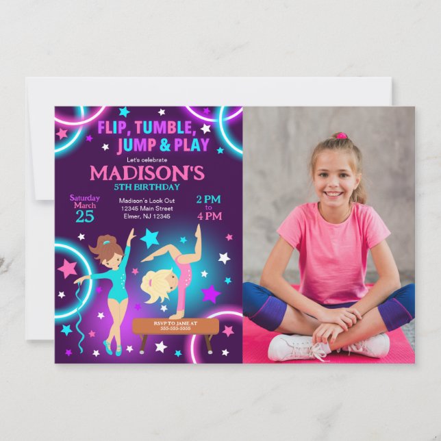 Gymnastics Birthday Photo Invitation Neon Party (Front)