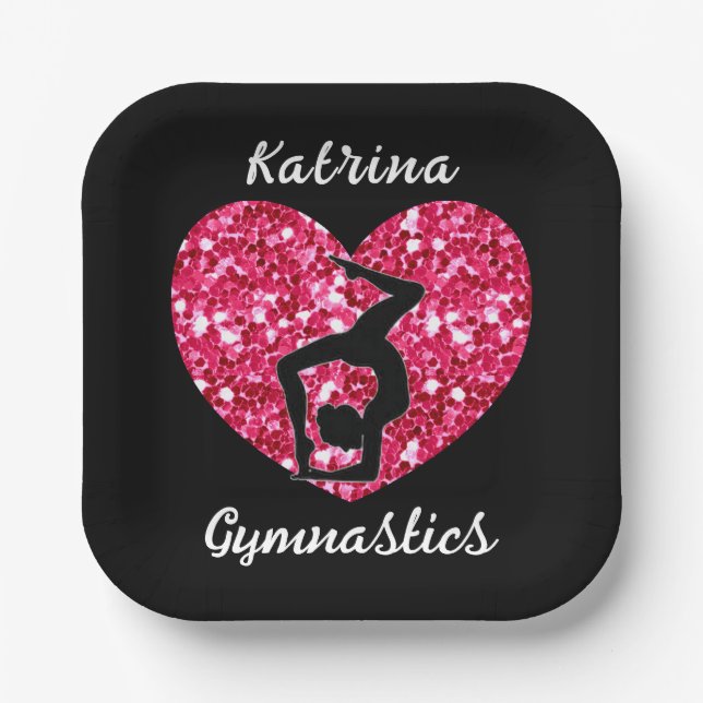 Gymnastics Black and Hot Pink Personalized  Paper Plate (Front)